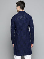 Jompers Mens Navy Chikankari Embroidered And Sequence Kurtas (Navy, M)