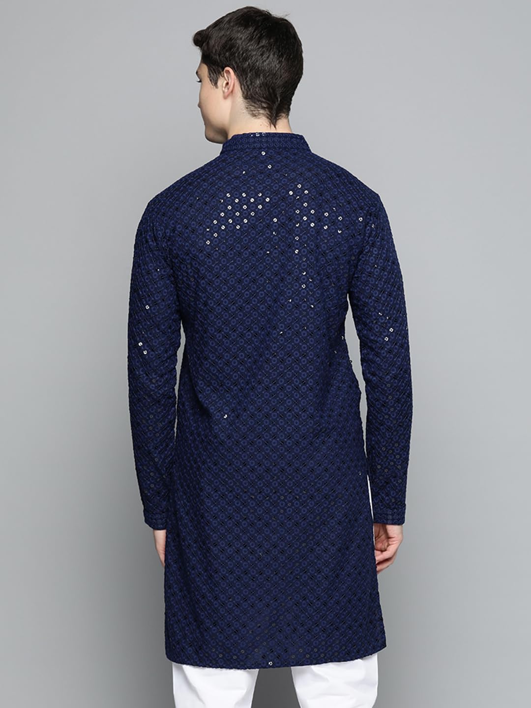 Jompers Mens Navy Chikankari Embroidered And Sequence Kurtas (Navy, M)
