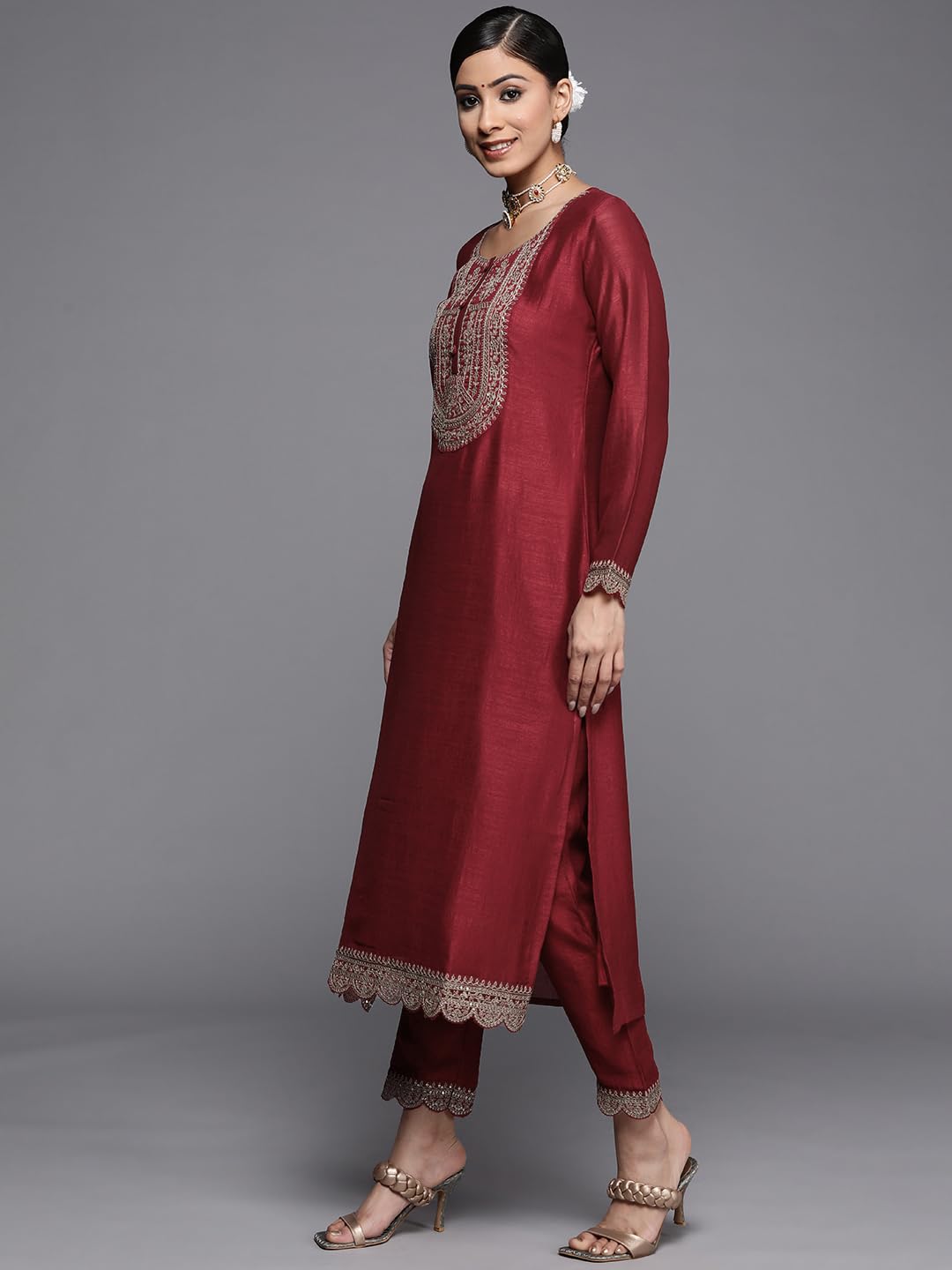 Libas WomenS Silk Embellished Straight Kurta (23518O_Maroon