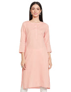 W Pink Solid Embroidered Regular Cotton Blend Kurta For Women