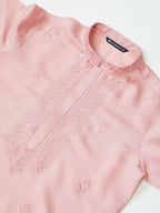 See Designs MenS Long Sleeve Mandarin Collar Side Slit Pale Rose Embroidered Chanderi Silk Straight Kurta With Pyjama - Sdkt257