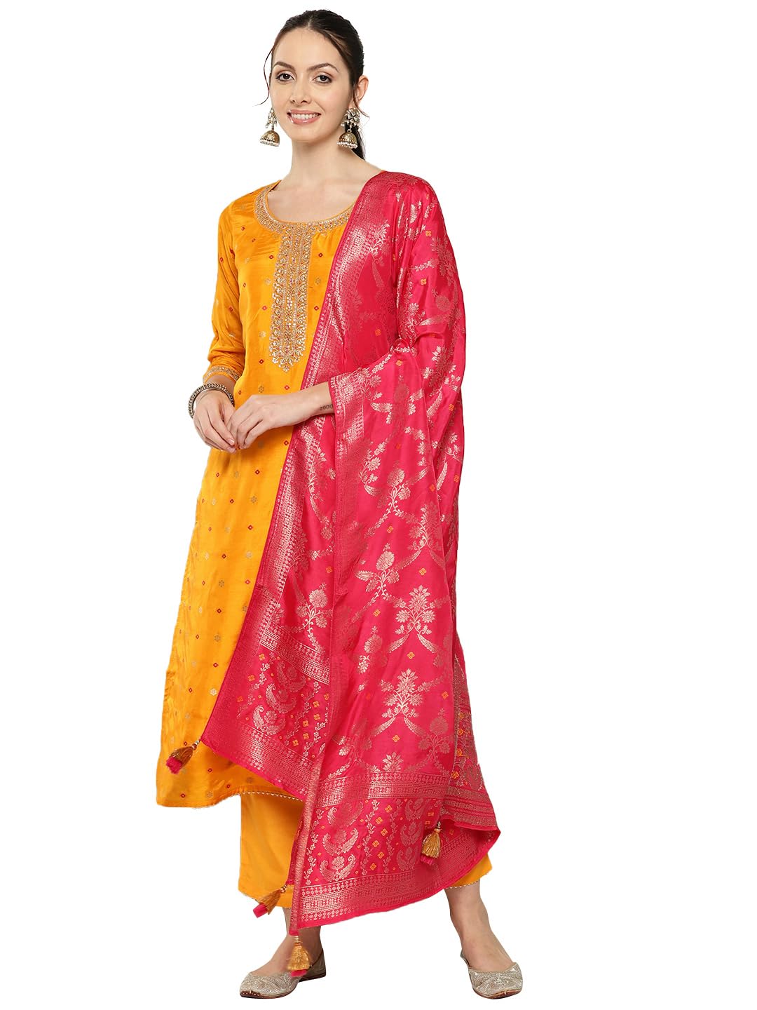 Libas Womens Woven Design Silk Straight Kurta With Trousers And Dupatta
