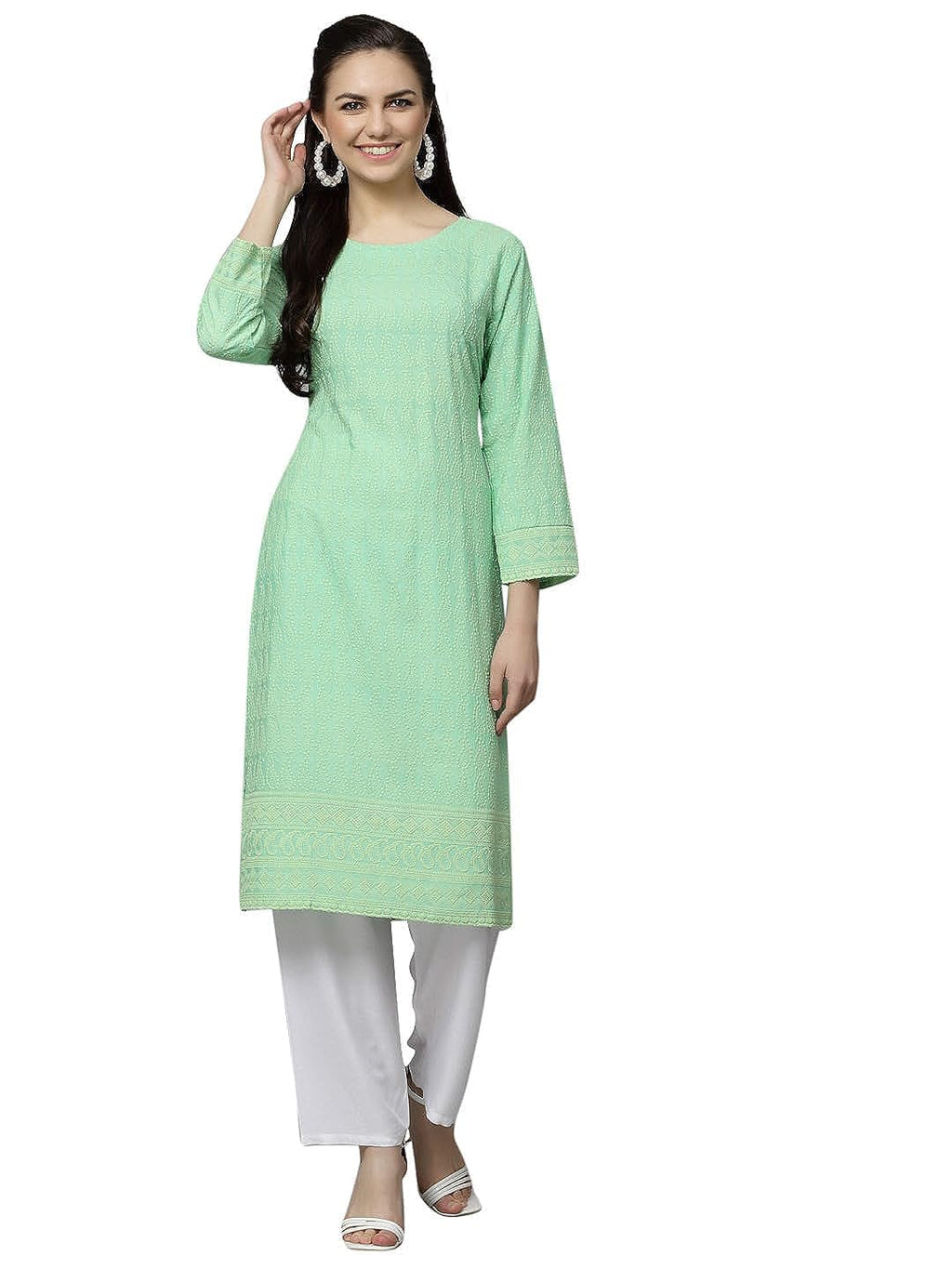 Yashika Women's Chikankari Pista Color Long Sleeve Straight Kurta(YS-K1111-L)