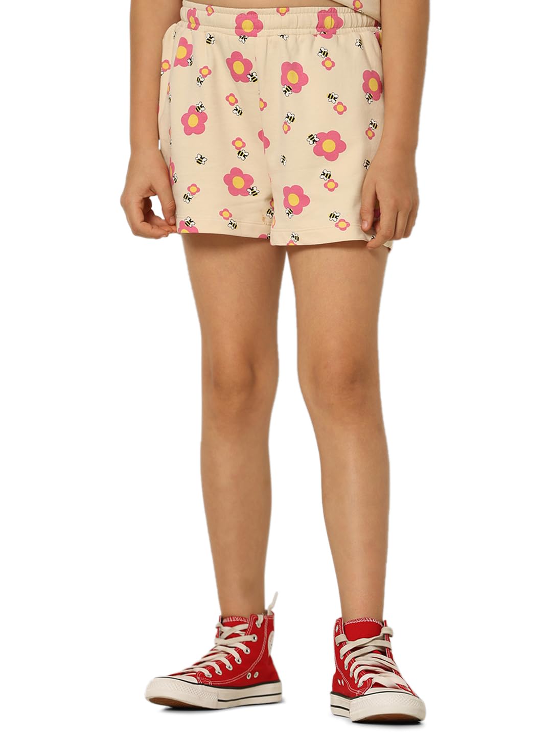 Vero Moda Girls Floral Print Thigh Length Mid Rise Beige Casual Shorts