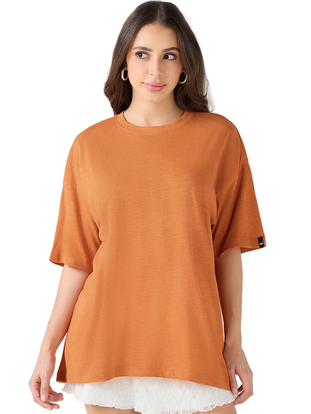 Bewakoof Air 1.0 WomenS Solid Oversized Fit Half Sleeve Round Neck Cotton Slub T-Shirt_611040_Orange_2Xl