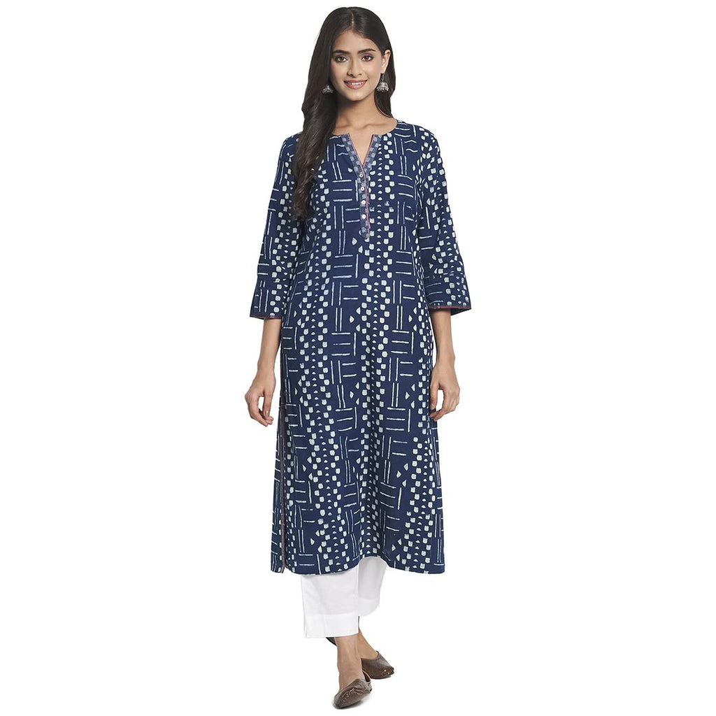 Fabindia Women Cotton Printed Long Kurta Indigo_L