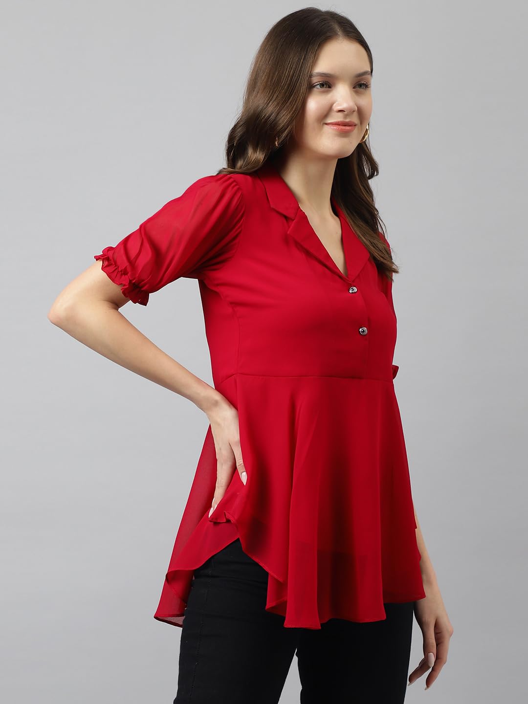 Toochki Womens Red Georgette Solid High Low Western Top | Winter Top | Western Top | Top for Women | Latest Women Top | Trendy