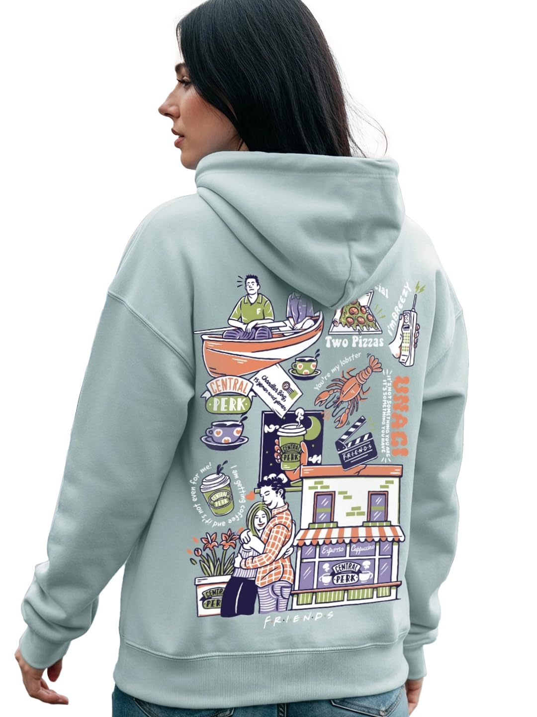 Bewakoof Official Friends Merchandise Womens Graphic Print Oversized Fit Full Sleeve Hoodies_625971_Green_L