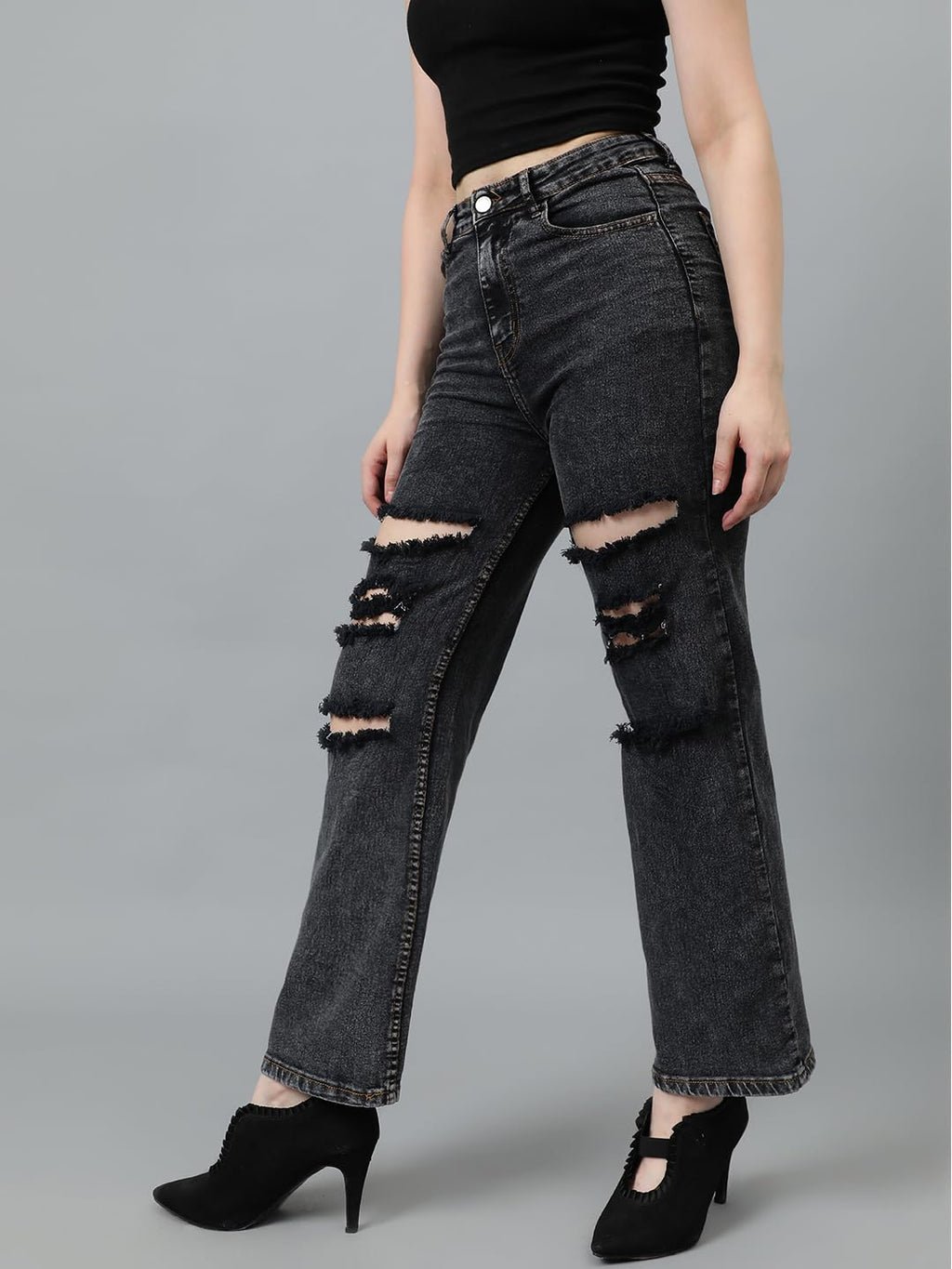 Kotty Women High Rise Cotton Lycra Distressed Jeans Onyx Black