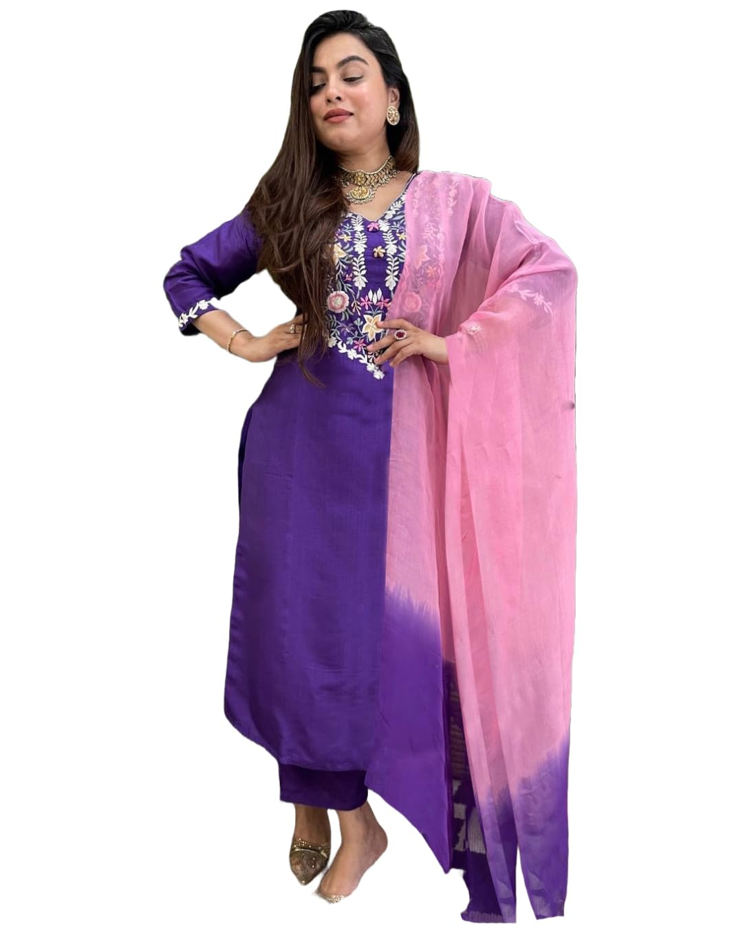 ANNI DESIGNER Womens Cotton Blend Straight Embroidered Kurta with Pant & Dupatta (Shampa Begani_XL_Begani_X-Large)