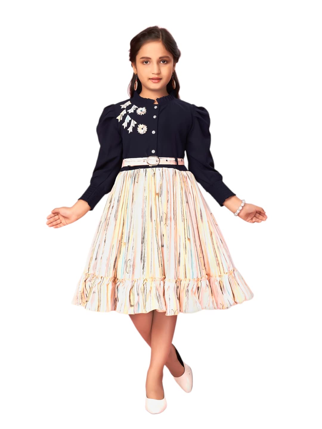 Aarika Baby-Girls Georgette Fit and Flare Knee-Length Dress (New_MD-42292_Peach-Navy Blue