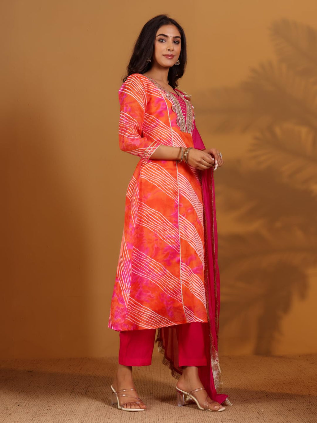 Varanga Leheriya Printed Gota & Zari Embelished Anarkali Kurta Paired With Bottom And Dupatta