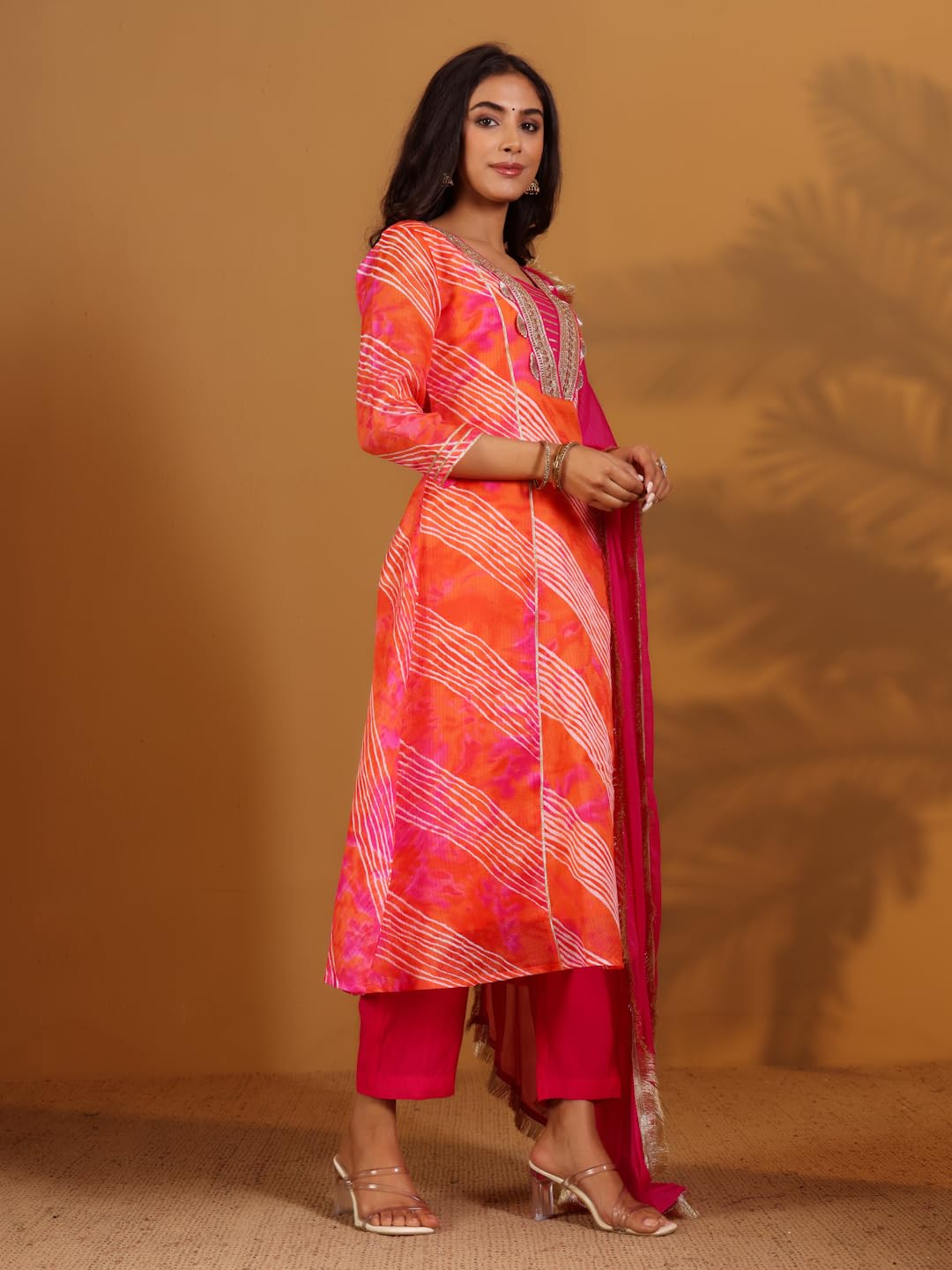 Varanga Leheriya Printed Gota & Zari Embelished Anarkali Kurta Paired With Bottom And Dupatta