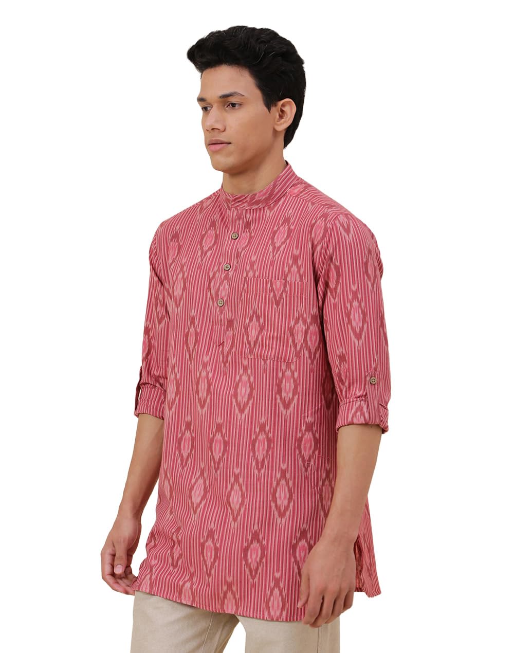 Fabindia Mens Pink Cotton Woven Slim Fit Short Kurta