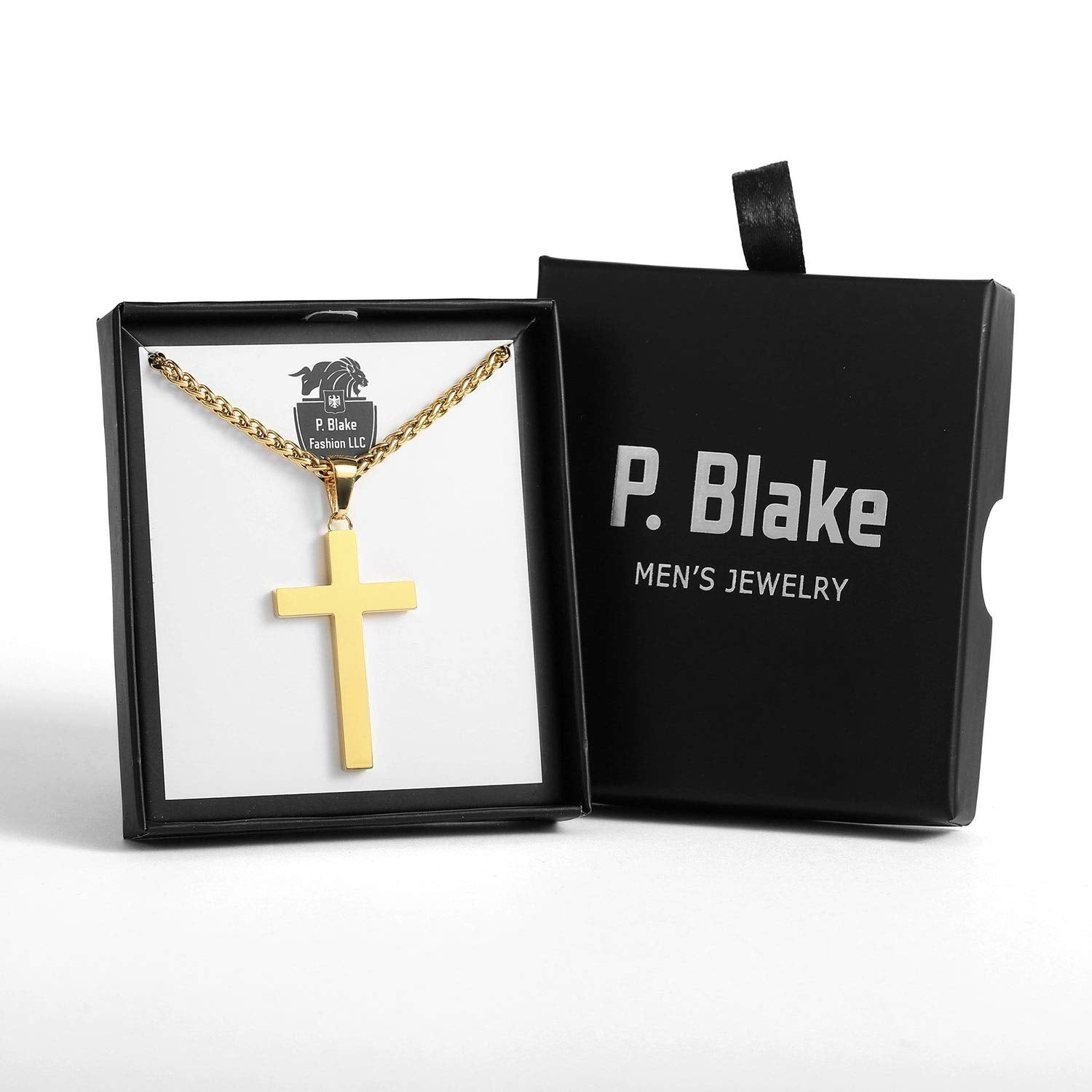 P. BLAKE Gold Cross Necklace for Men Boys, Stainless Steel Cross Pendant Chain Christian Religious Jewelry Valentine Christmas G