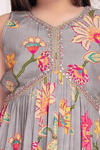 White Button New Grey Floral Print Alia Cut Peplum Top And Sharara Set For Girls