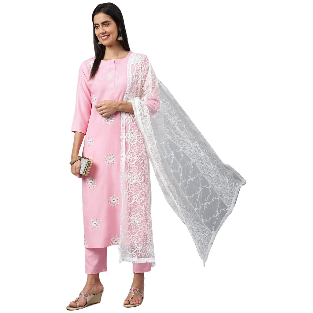 ANNI DESIGNER Women's Cotton Blend Embroidered Straight Kurta with Pant & Dupatta (White Show STY Light Pink_S_Light Pink_Small)