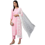 ANNI DESIGNER Women's Cotton Blend Embroidered Straight Kurta with Pant & Dupatta (White Show STY Light Pink_S_Light Pink_Small)