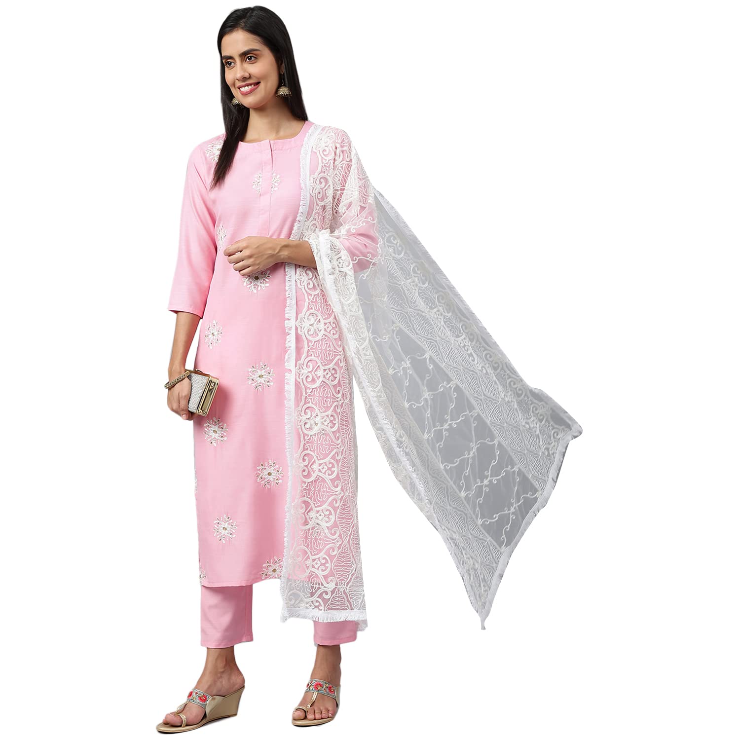 ANNI DESIGNER Women's Cotton Blend Embroidered Straight Kurta with Pant & Dupatta (White Show STY Light Pink_S_Light Pink_Small)