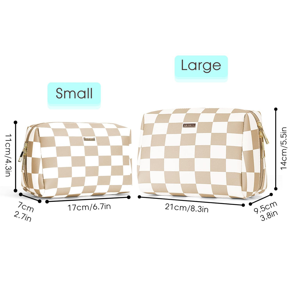 Large Vegan Leather Makeup Bag Zipper Pouch Travel Cosmetic Organizer for Women (Large, Light Checkerboard)
