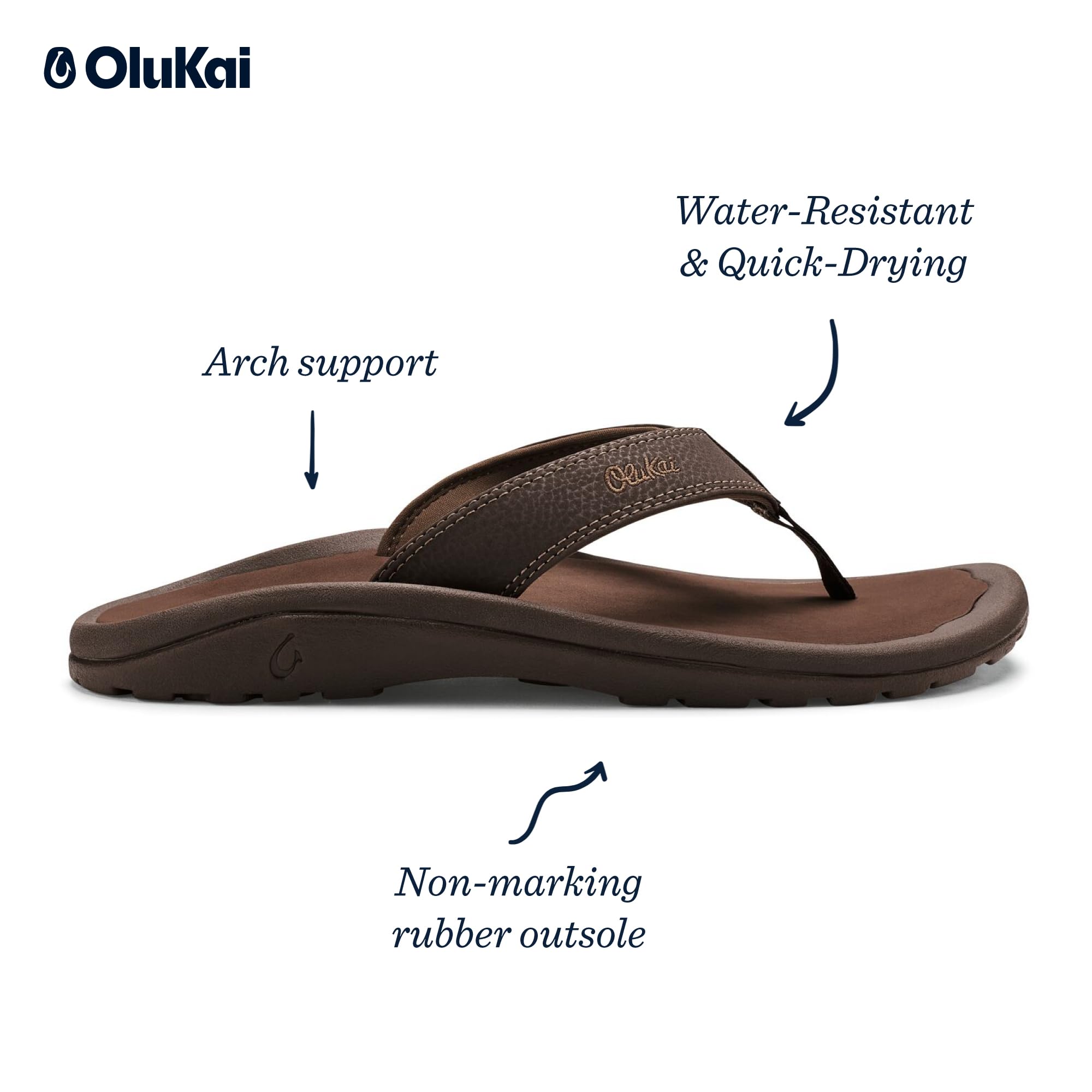 OLUKAI Ohana Men's Beach Sandals, Water Resistant Flip Flops, Arch Support & Comfort Fit, Lightweight & Durable, Enhanced Grip &