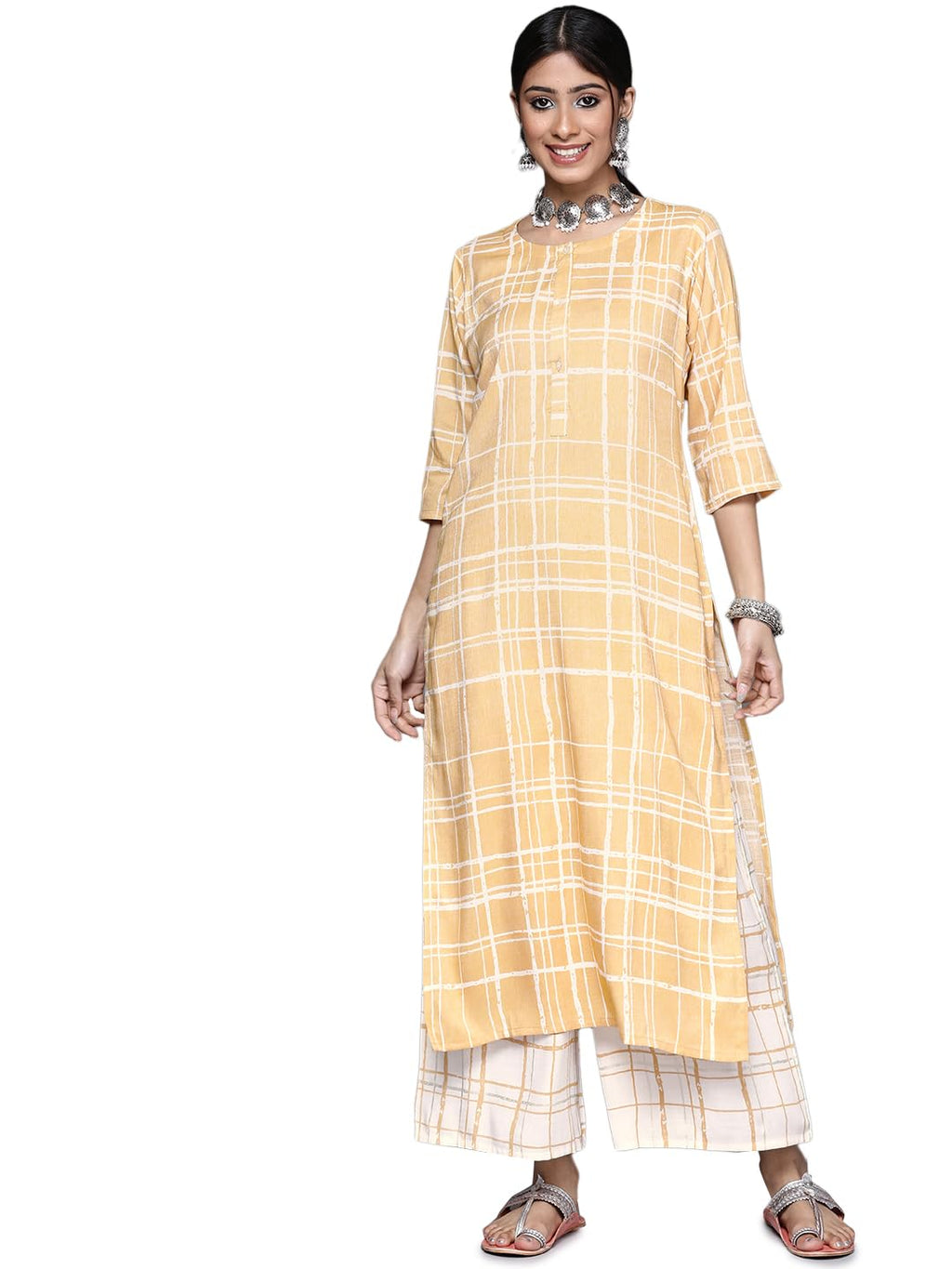 Libas WomenS Rayon Blend Printed Straight Kurtas (23298O_Yellow