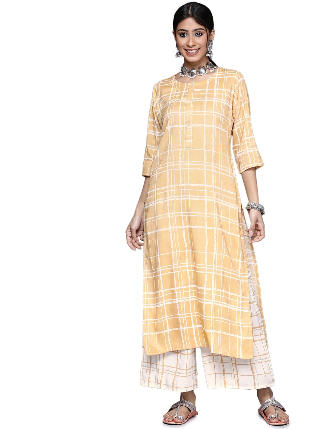 Libas WomenS Rayon Blend Printed Straight Kurtas (23298O_Yellow