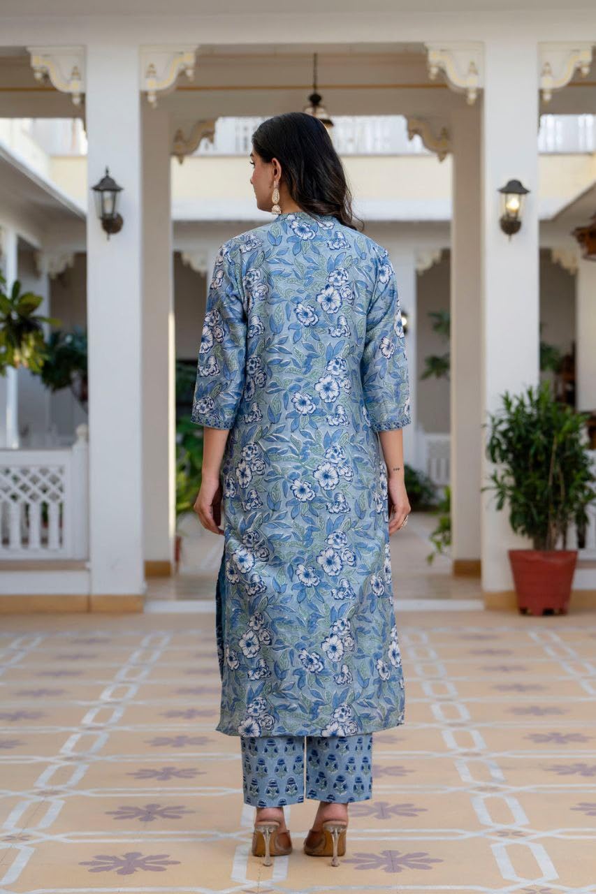 Modestouze Attires WomenS Rayon Blend Floral Printed Salwar Suit Set | V Neck 3/4 Sleeve Calf Length Kurta And Dupatta With Pri