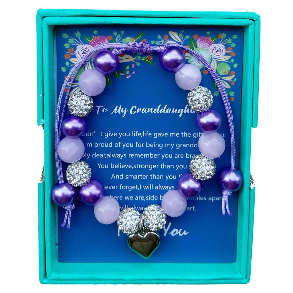 DOLON Purple Beaded Rhinestone Heart Charm Granddaugther Bracelet Adjustable Jewelry Back to School Birthday Christmas Holiday G