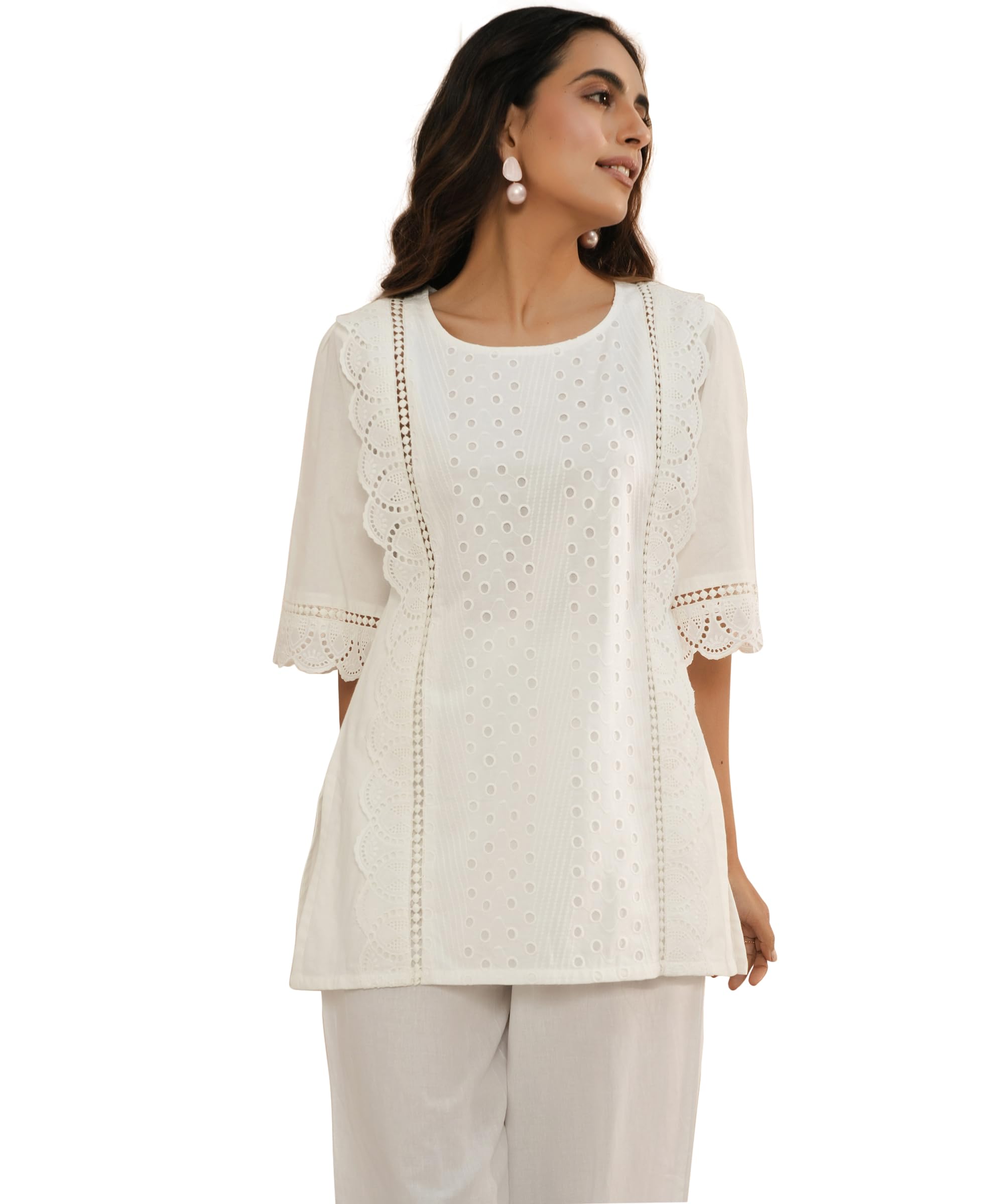 Libas WomenS Cotton Embroidered Straight Kurti (37152R_White