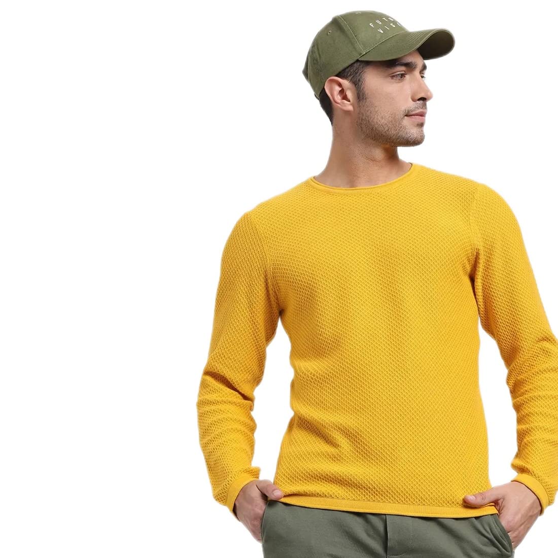 Bewakoof Mens Self-Design Yellow Round Neck Full Sleeve Sweater