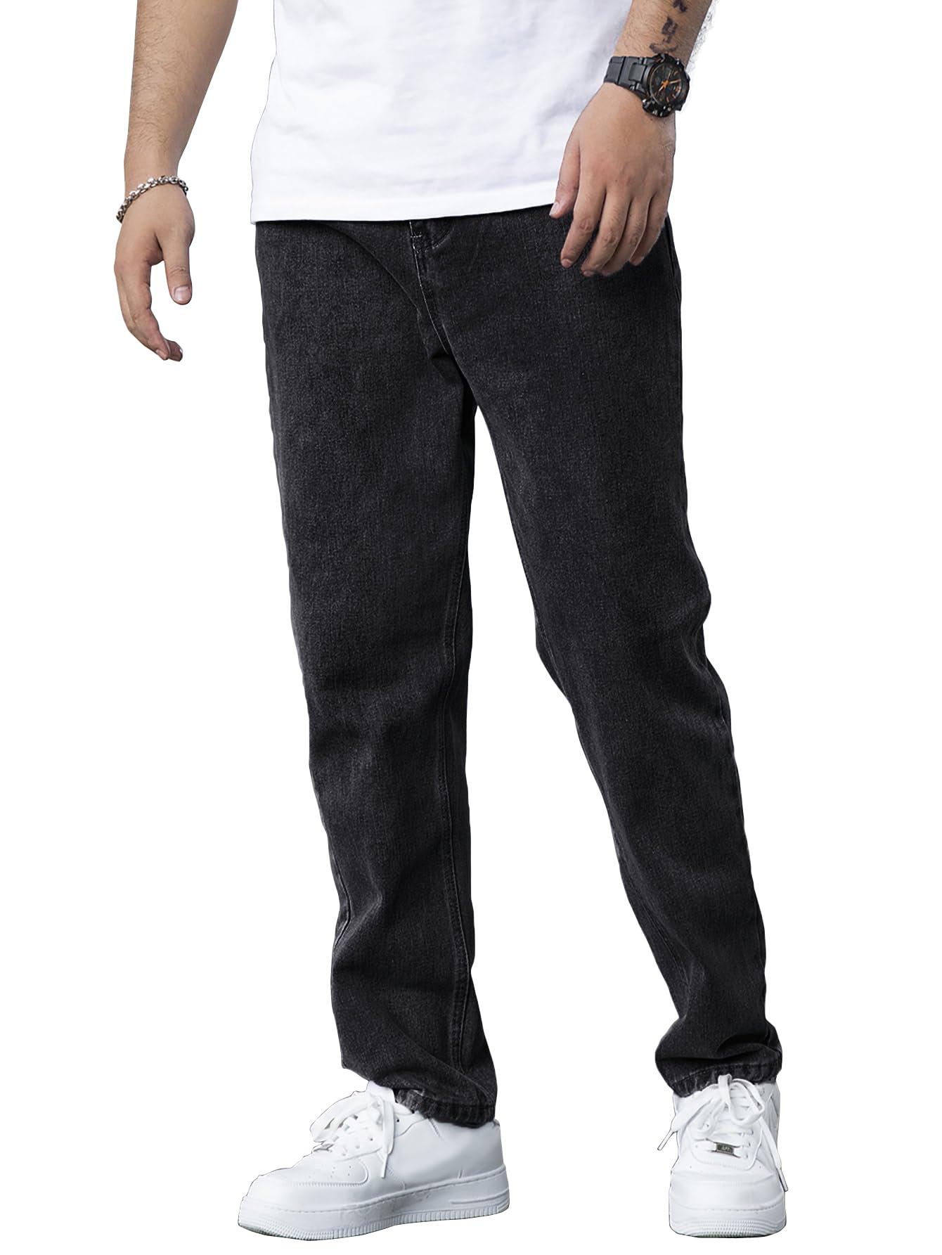 AVANOVA Mens Black Slant Pocket Wide Leg Jeans  Casual Loose Fit Denim Pants, Cotton Blend Trousers with Slant Pockets for Daily