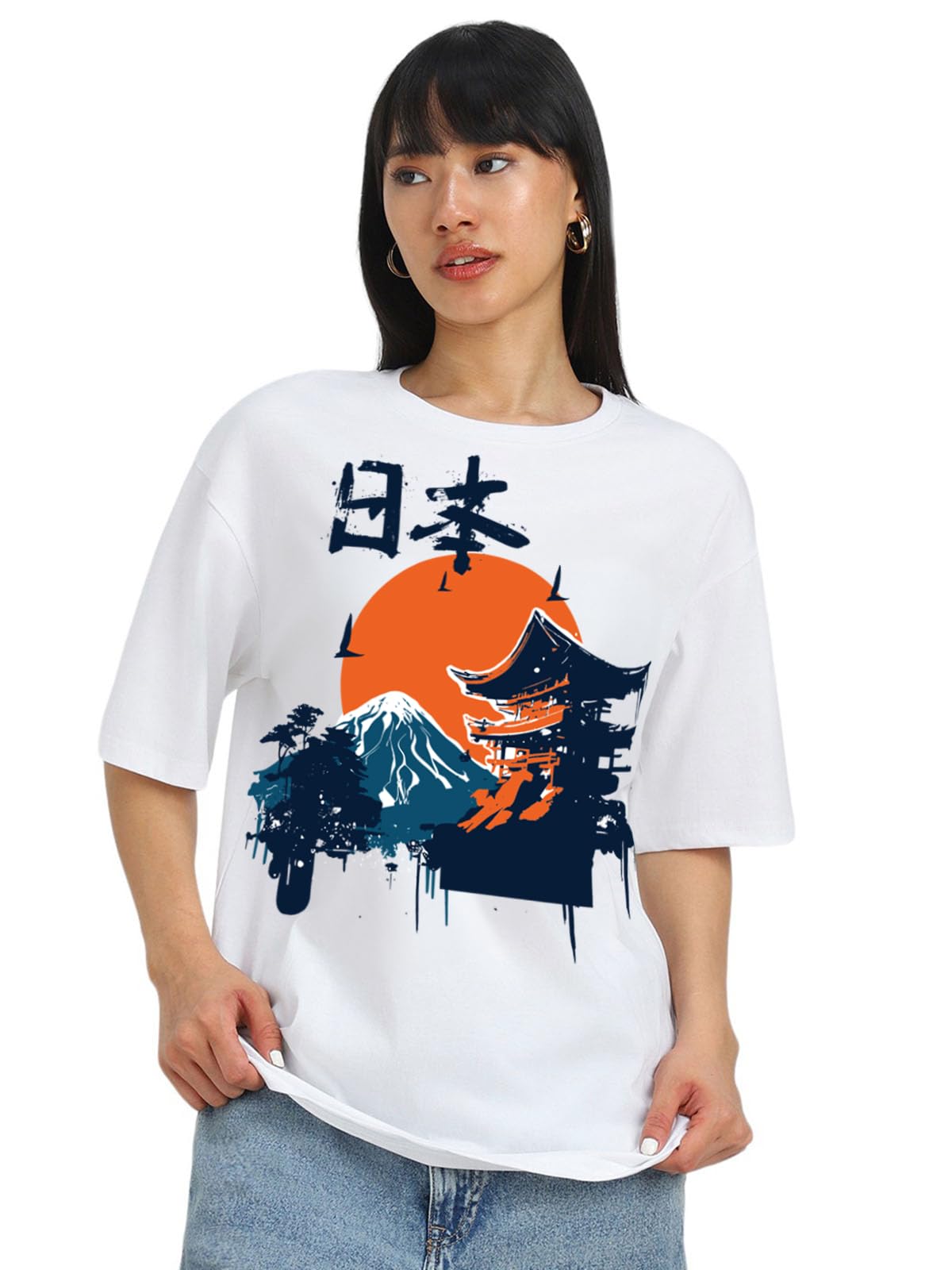 Juneberry Pure Cotton Drop Shoulder Oversized Baggy Fit Cool Nature Front Graphic Printed Beige Half Sleeve T-Shirt For Women & 