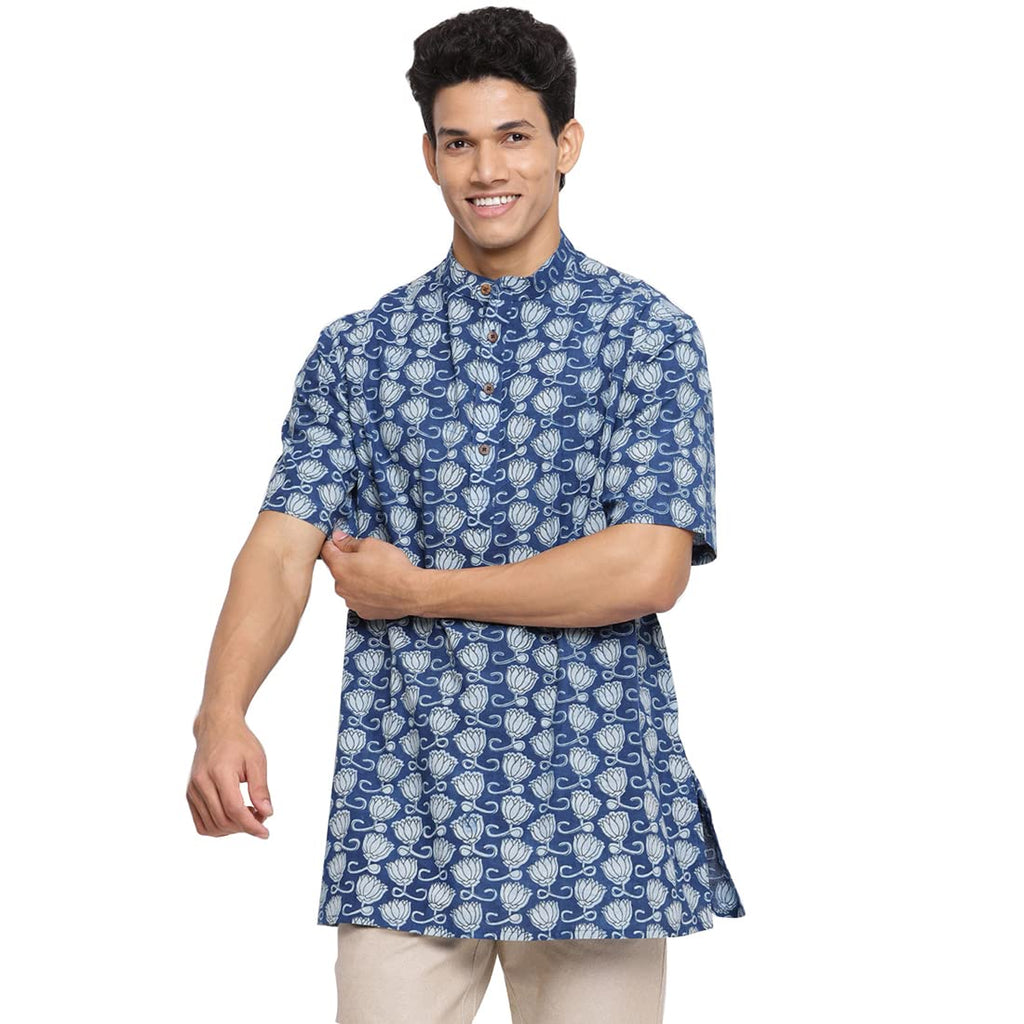 Fabindia Men Cotton Printed Short Kurta Indigo_S