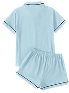 LYANER Women's Pajamas Set Heart Print Button Short Sleeve Shirt with Shorts Sleepwear PJs Set Light Blue X-Large