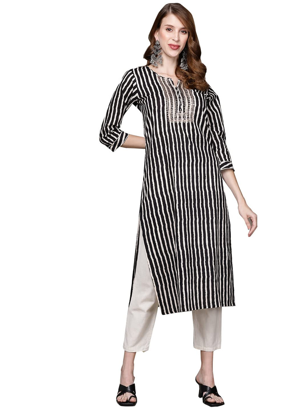 Ishin Women'S Cotton Straight Embellished Sequins Striped Print Black Kurti Kdori-9078_L_Black