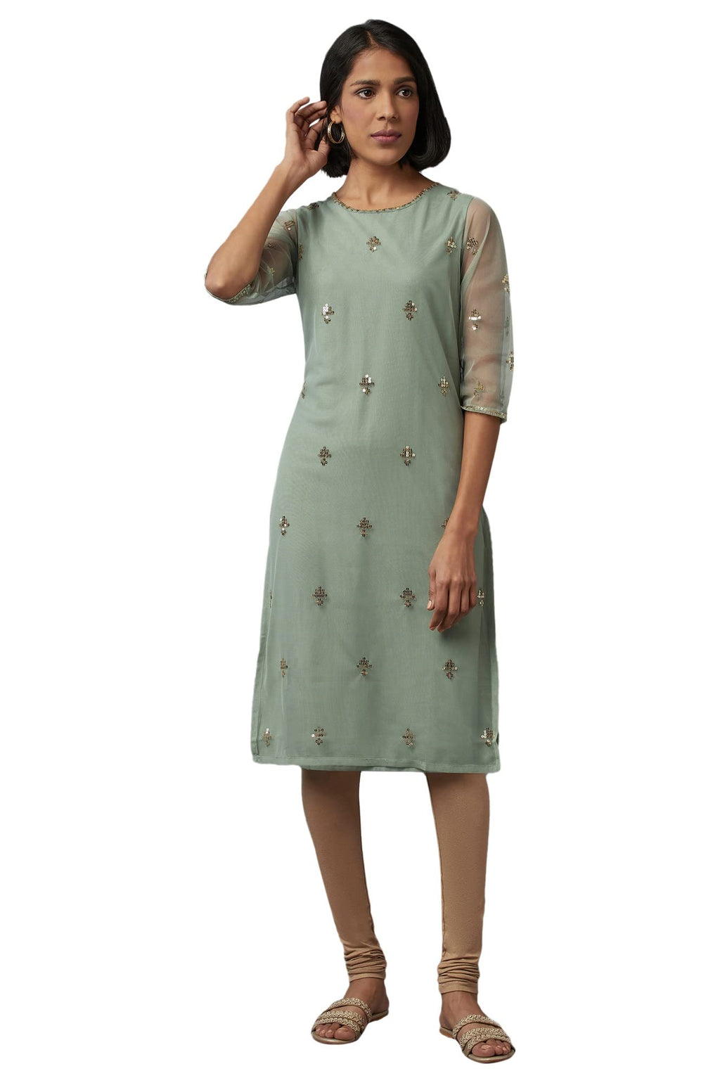 W For Women Green Sequin Maharani Net Kurta_20Skw14977-212294_M