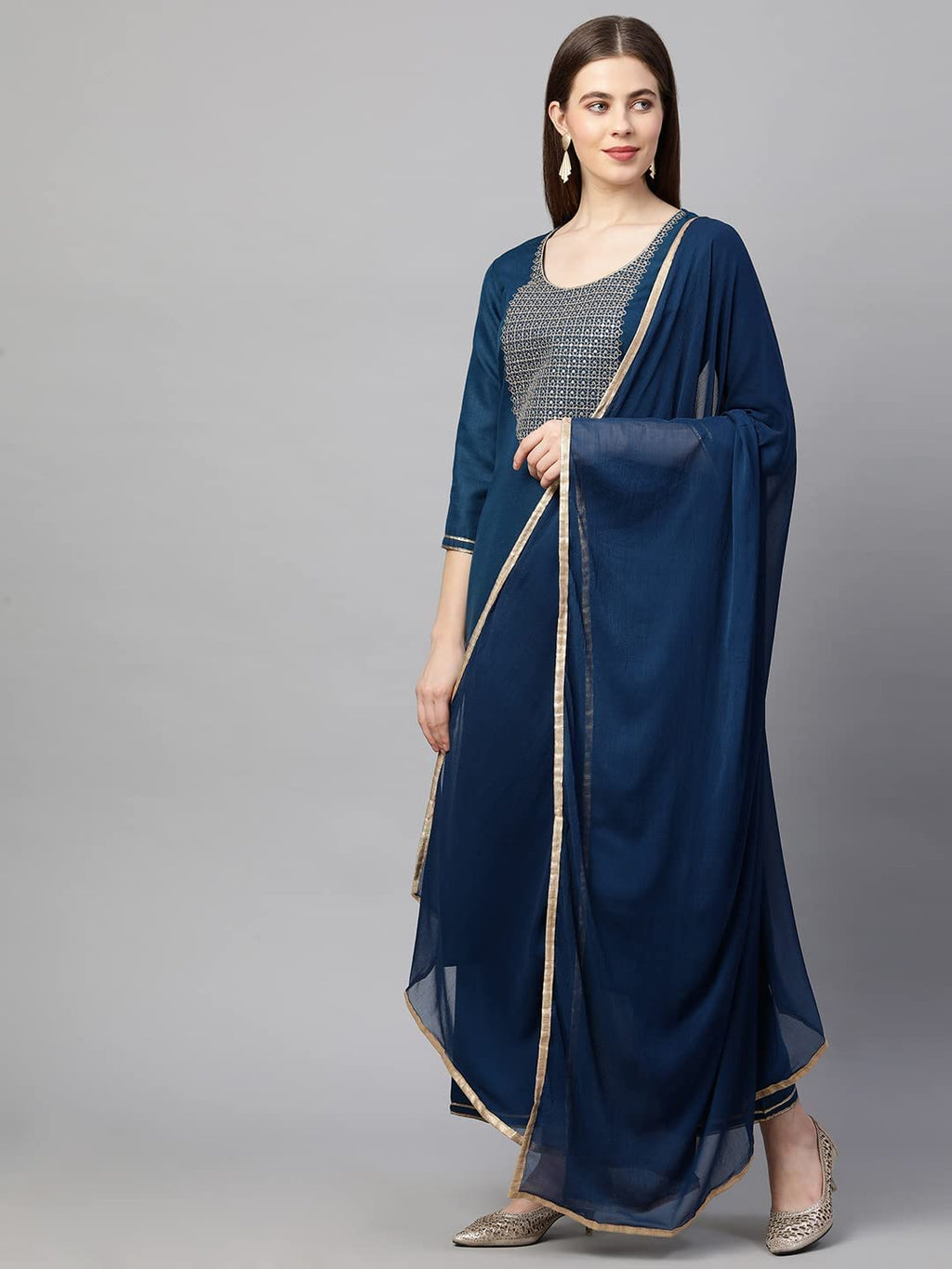 ANNI DESIGNER Womens Ruby Cotton Solid Straight Kurti with Palazzos & Dupatta Set (Label Cerosin_S_Blue_Small)