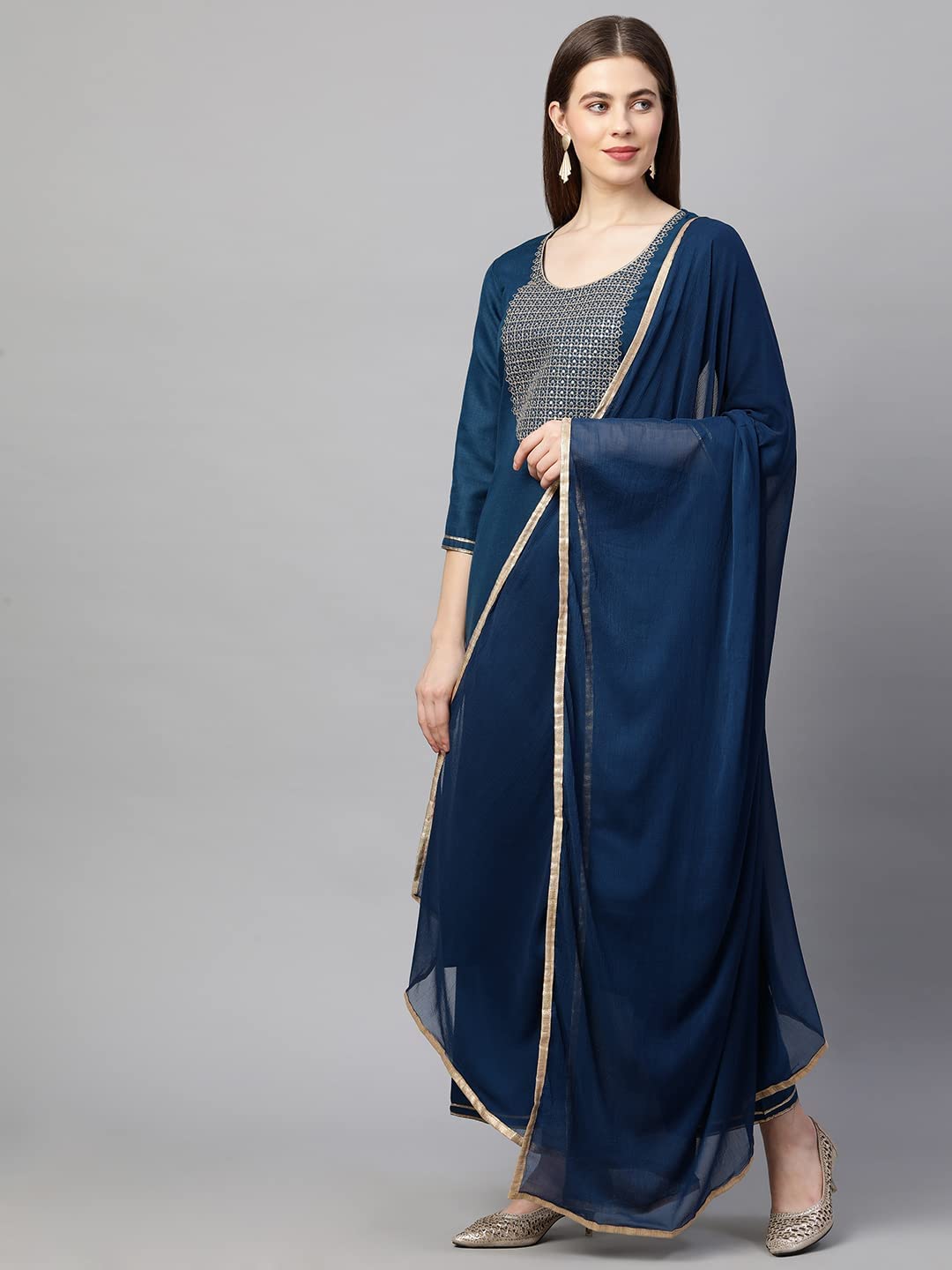 ANNI DESIGNER Womens Ruby Cotton Solid Straight Kurti with Palazzos & Dupatta Set (Label Cerosin_S_Blue_Small)