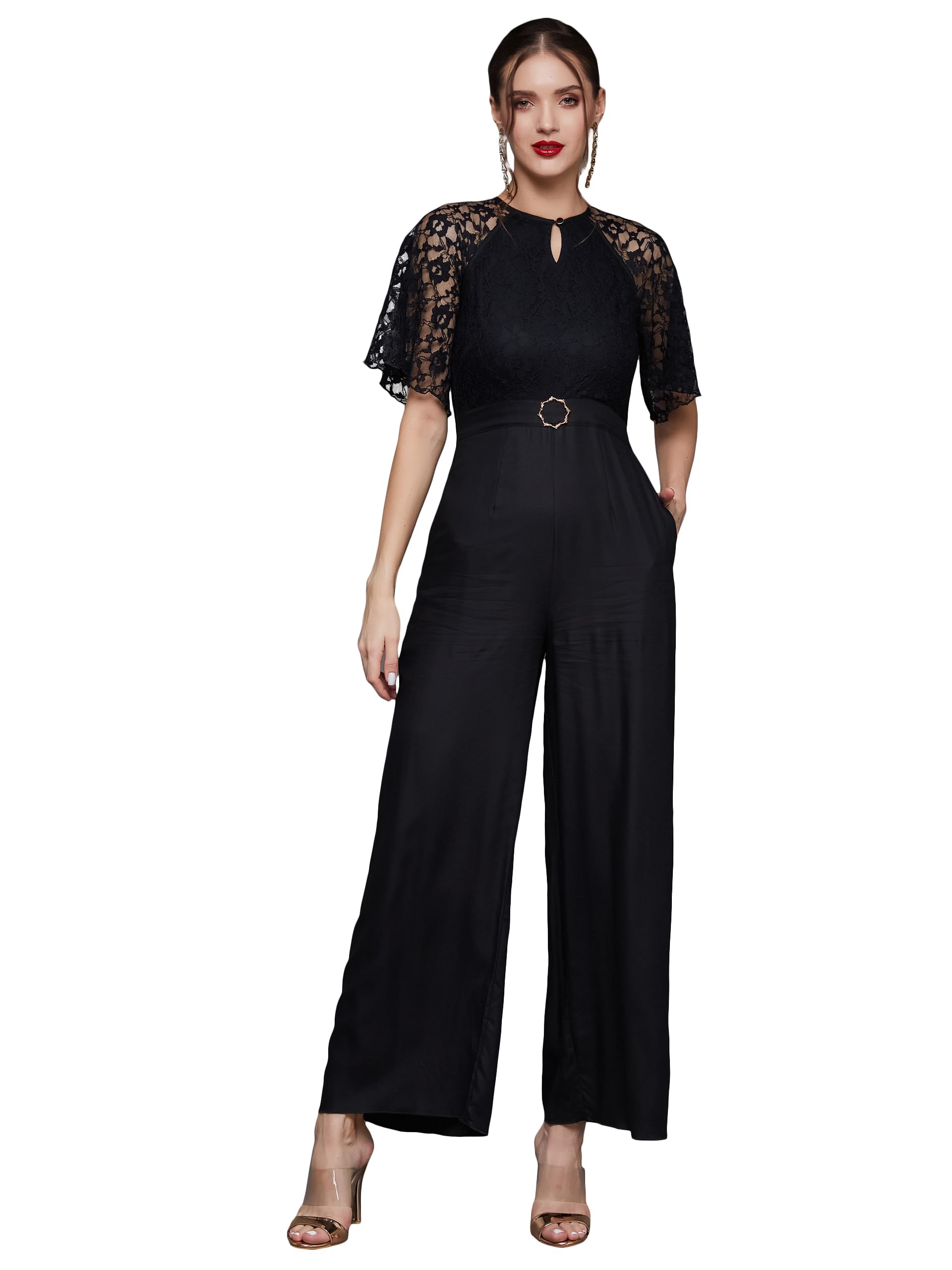 Miss Chase Womens Black Round Neck Flared Sleeve Floral Raglan Regular Jumpsuit (MCSS25D93-85-330-06, Ebony Black, XL)