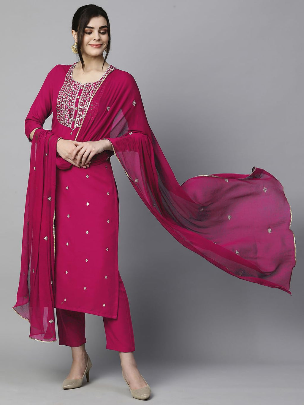 ANNI DESIGNER Ladies Cotton Blend Dupatta Kurta Trousers, pink, 3XL
