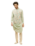 Manyavar Mens Beige Blended Linen Printed Kurta Trouser Jacket Set