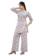 Pinkmint Pure Cotton Co Ord Set For Women L Flower & Leaf Pattern Set L 3/4 Sleeve Co Ord Set