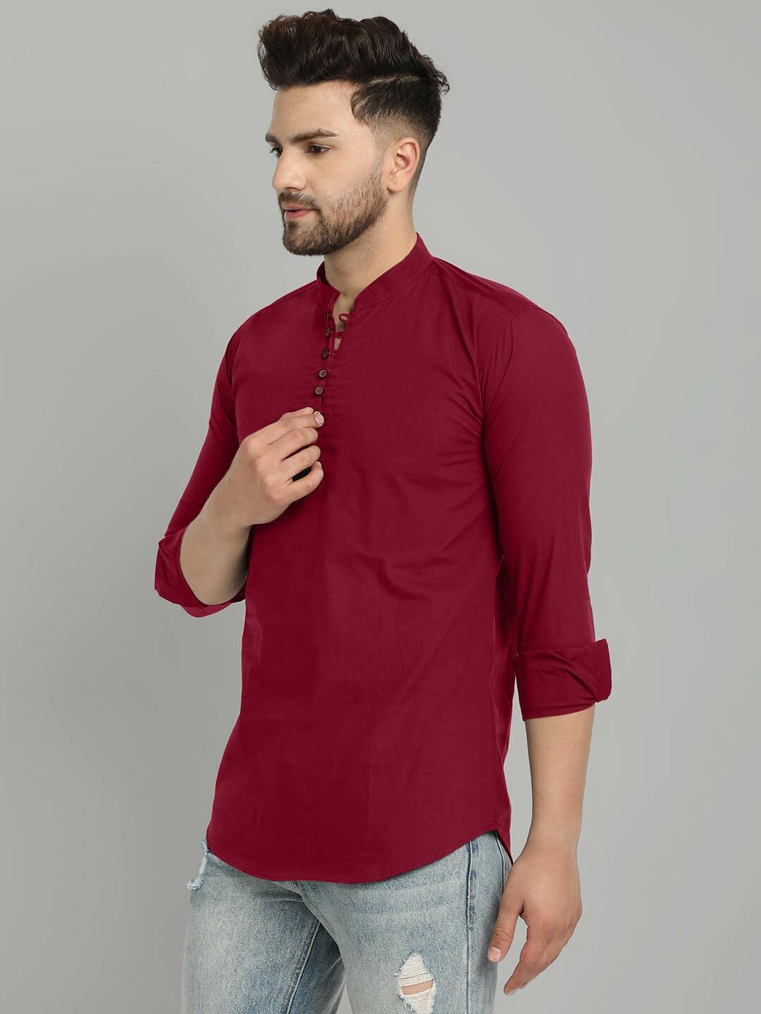 Royalscout MenS Cotton Blend Full Sleeve Short Kurta With Mandarin Collar Maroon
