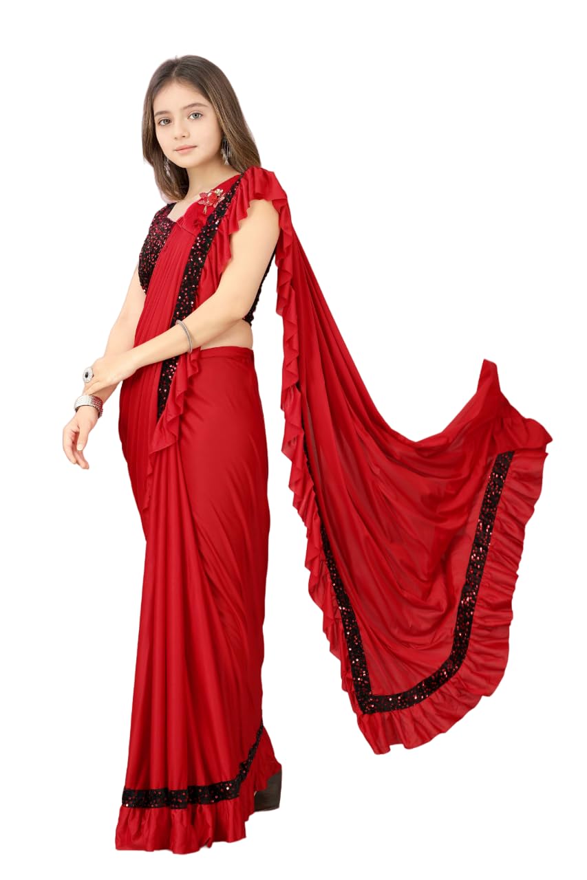 Dhyey Fashion Fashionable Baby Girls Lycra Blend Saree With Velvet Unstitched Blouse Piece | Readymade Saree For Girls | Sarees