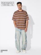 The Souled Store Textured Stripes: Urban Sands Men and Boys Short Sleeve Round Neck Cotton Blend Brown Oversized T-Shirts