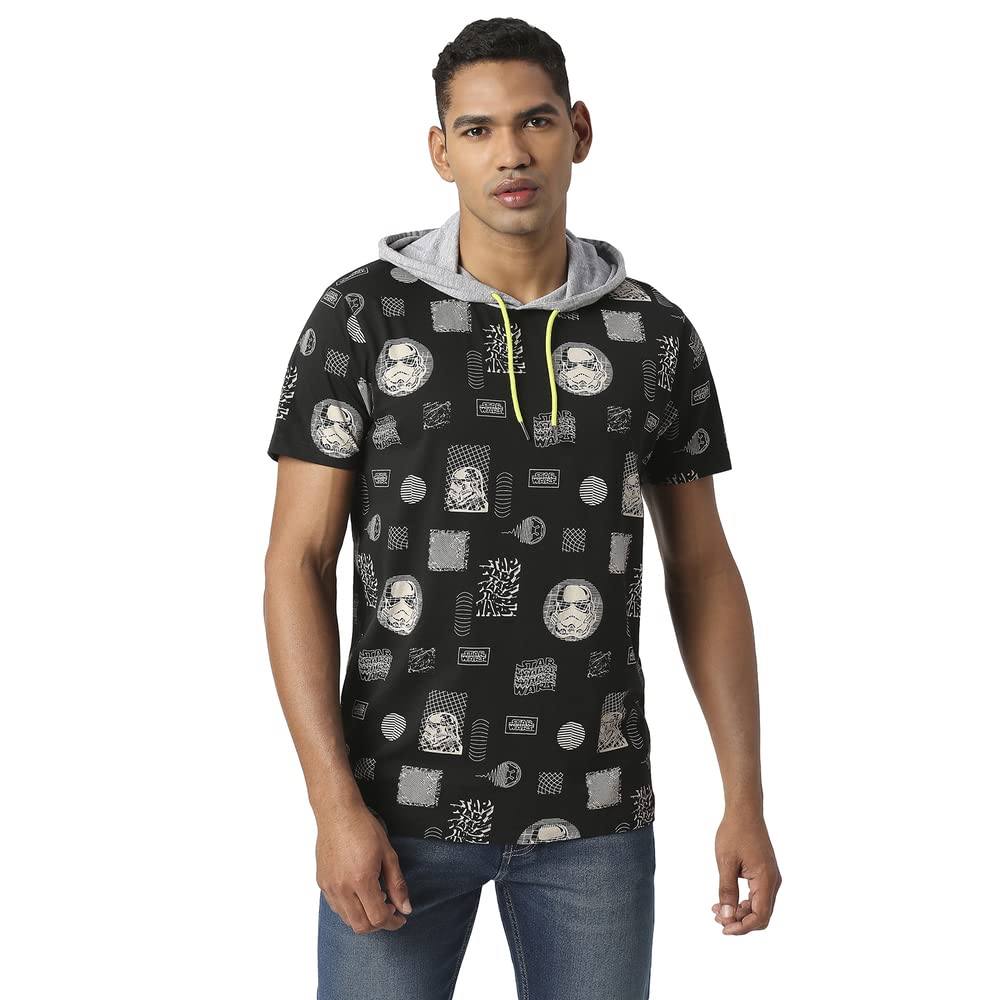 Pepe Jeans Yoda Sw Star War Allover Printed T-Shit With Hoodie, Black, 2Xl