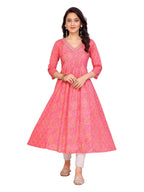 Rangita Pink Cotton Calf Length Embroidered Anarkali Kurti | Kurta For Women_M