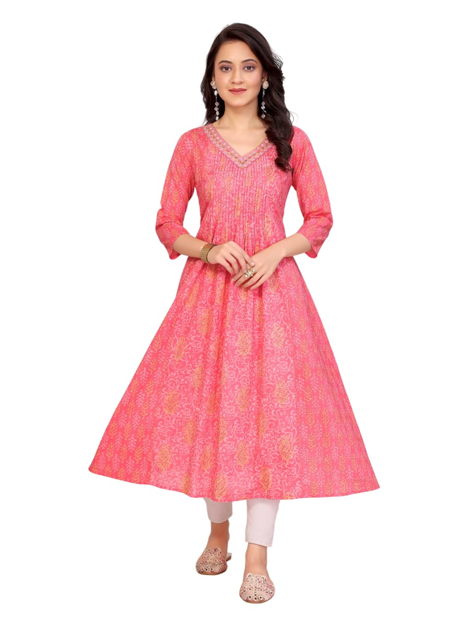 Rangita Pink Cotton Calf Length Embroidered Anarkali Kurti | Kurta For Women_M