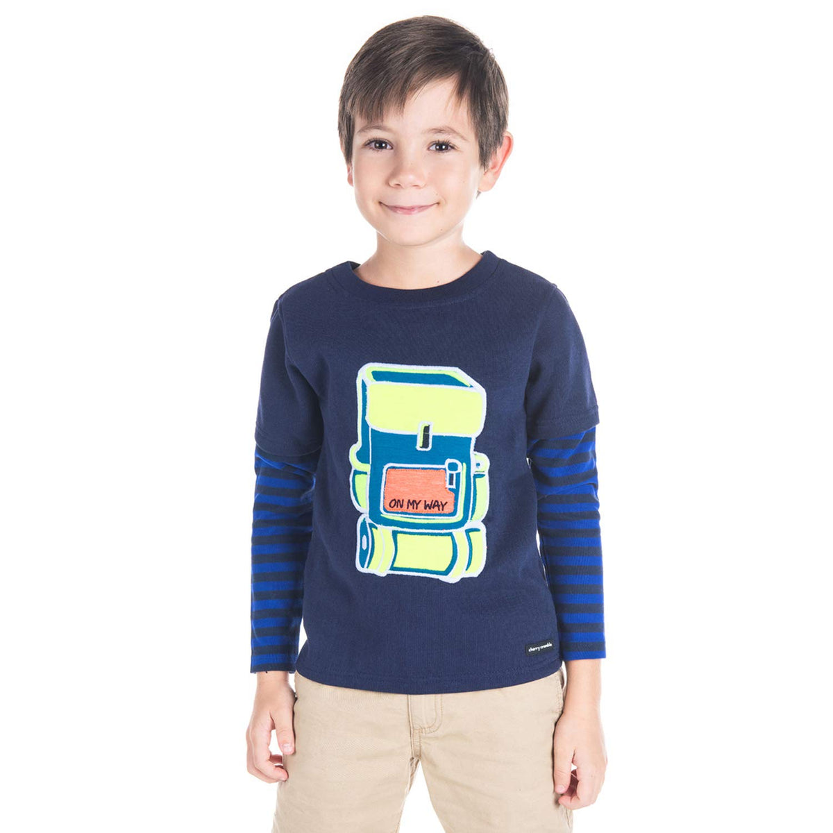 CHERRY CRUMBLE Kids Boys Backpack Round Neck Blue full sleeves cotton blended Applique Sweatshirt (7LSWSHRT22263_Dark Blue_18 18-24